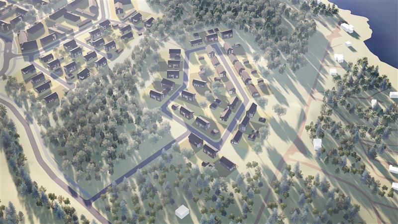 Havainnekuva, ilmakuva Karistonmäen uudesta omakotitaloalueesta.