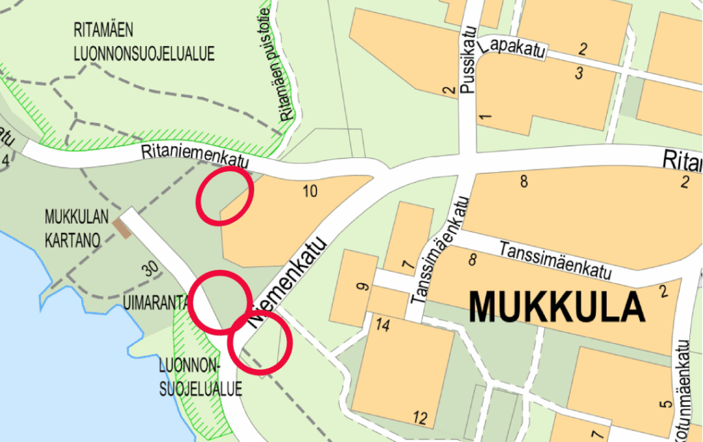 Mukkulan kartanopuiston pysäköintialueet esitettynä kartalla