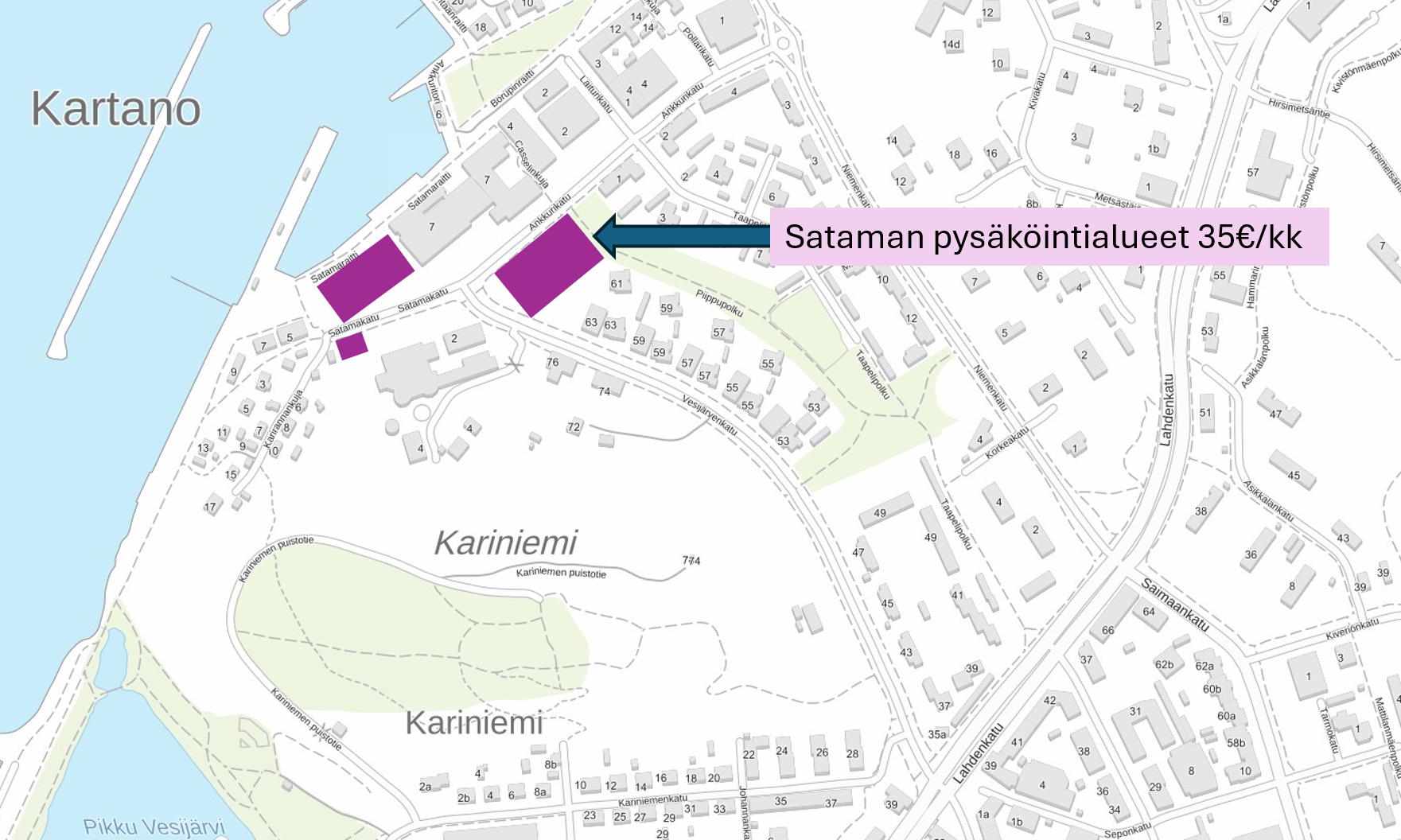 Sataman työmatkapysäköintialueet kartalla